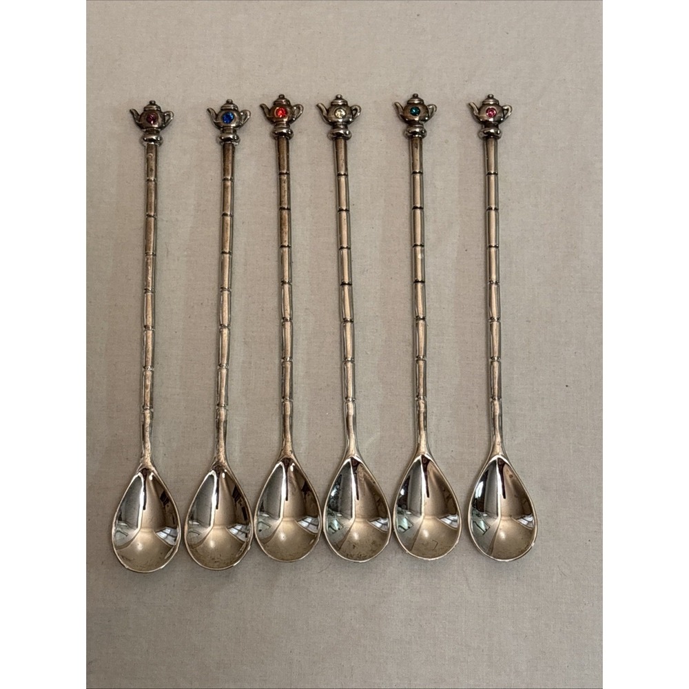 Silver Plated Tea Coffee Stirrer Spoons Set 6 Teapot Topper Color Stones 7.5"